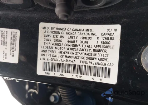 2018 Honda Civic Ex from USA, damaged, VIN 2HGFC2F71JH567527